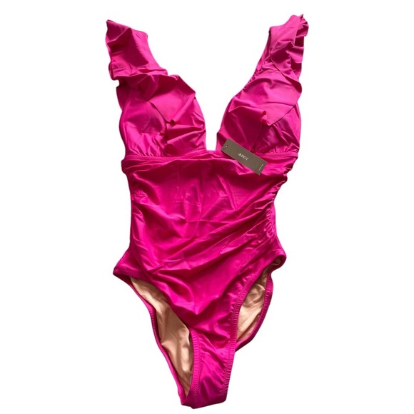 J. Crew Fuchsia Pink Ruched Ruffle One Piece Swimsuit Bathing Suit Women’s NEW - Picture 2 of 12